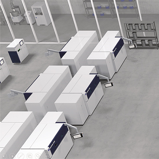 Rows of white machines in a factory