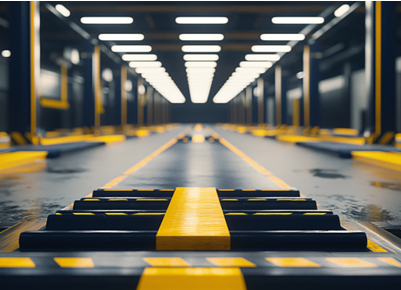 Workshop floor with yellow road markings